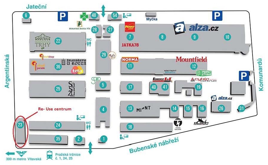 Mapa areálu Pražské tržnice s vyznačením haly č. 23 pro Re-Use centrum