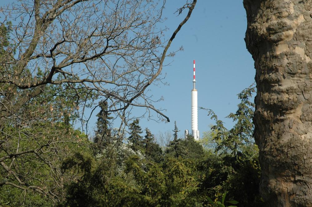 Pohled z Riegrových sadů na Žižkovskou věž