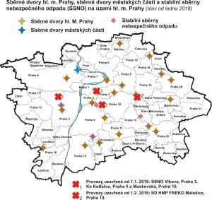 Sběrné dvory HMP, sběrné dvory MČ a stabilní sběrny nebezp.odpadu na území města, stav od 1.2. 2018