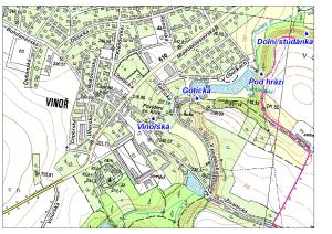 mapa okolí studánek - Vinořská, Gotická, Pod Hrází, orig