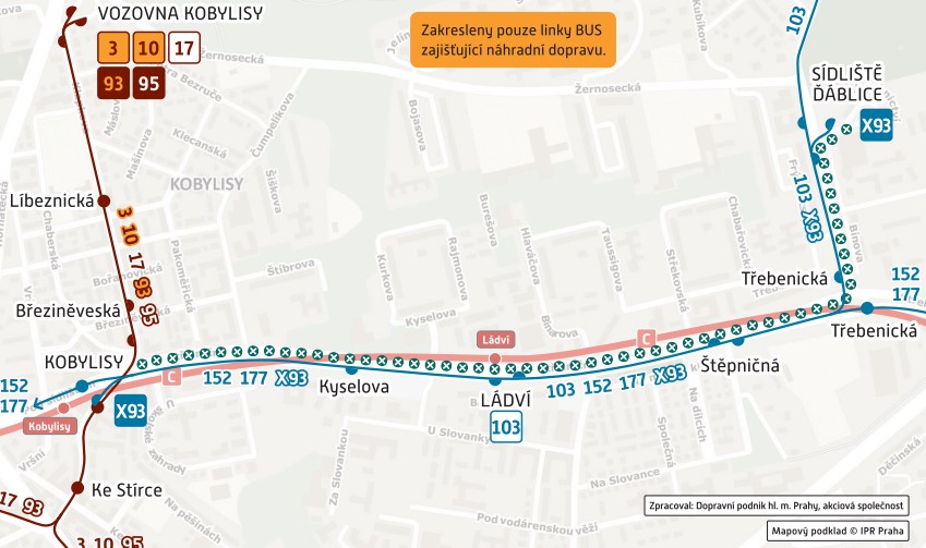 Mapa s vyznačením dopravního opatření Zdroj: DPP