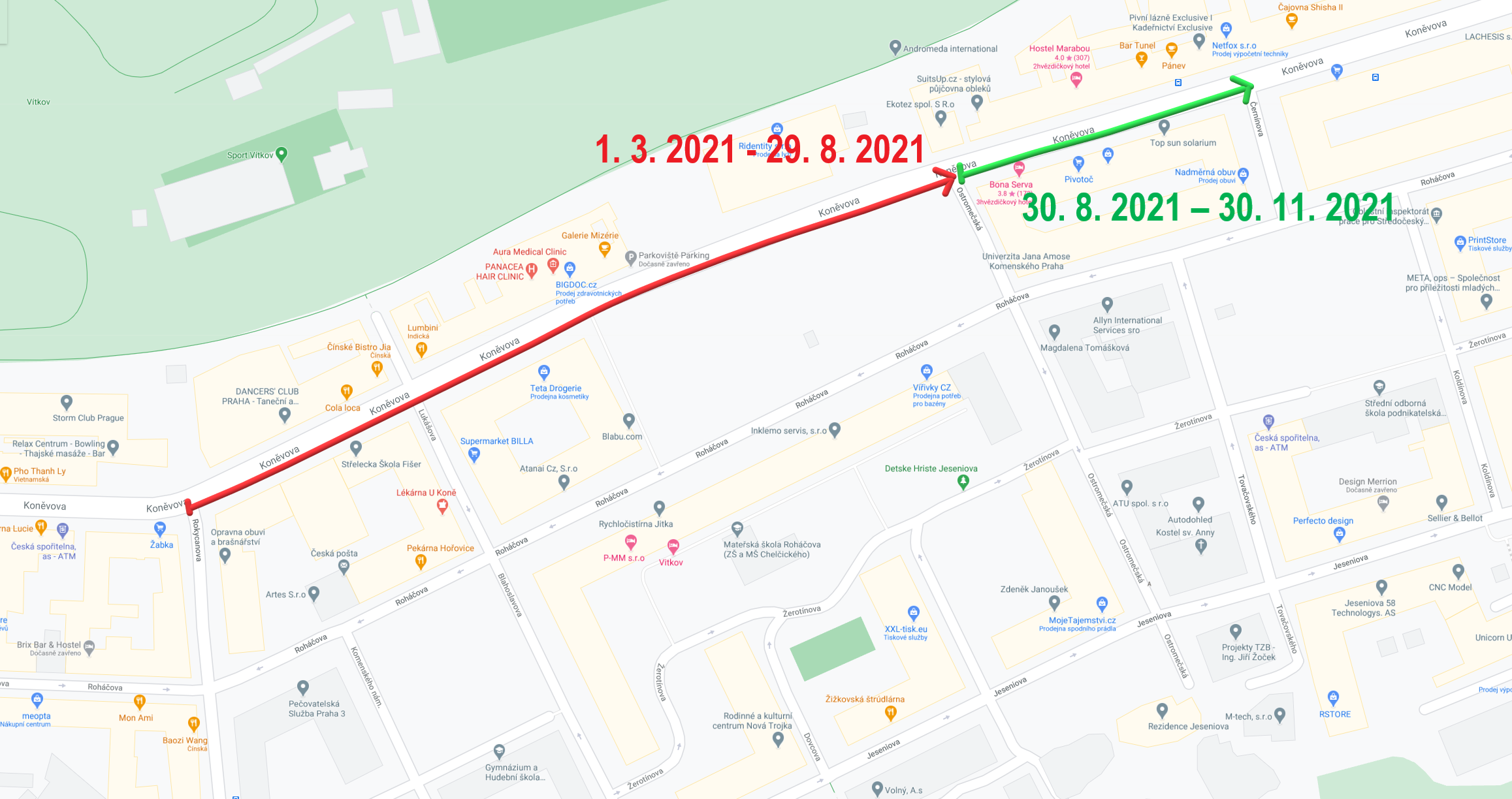 Mapa s rozdělením rekonstruovaných úseků komunikace Koněvova