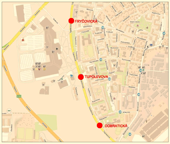 Mapa s vyznačením rekonstruovaných autobusových zastávek