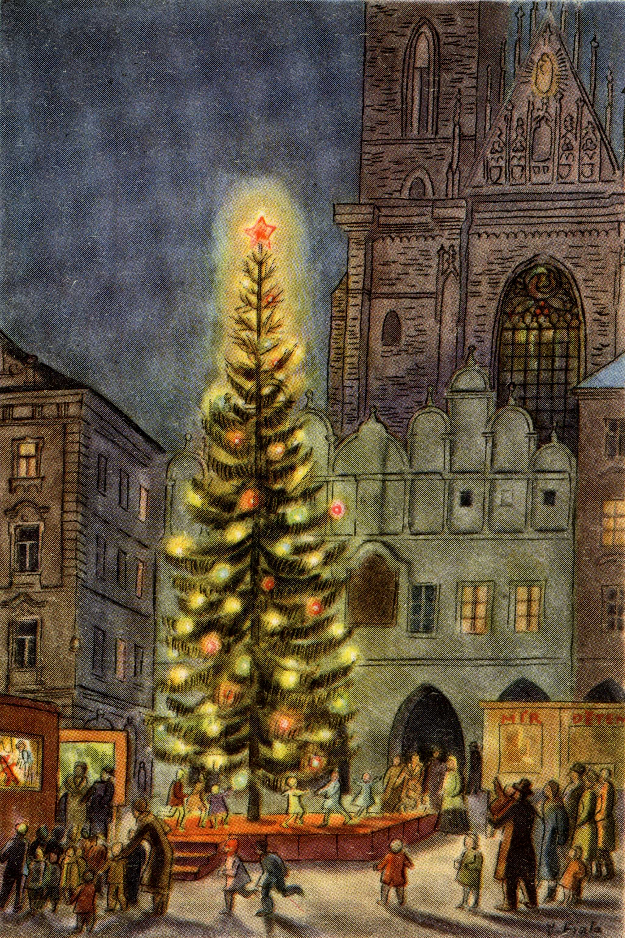 Vánoční stromek před kostelem Panny Marie před Týnem na Staroměstském náměstí, repr. vánoční pohlednice, 2. polovina 20. století, Praha