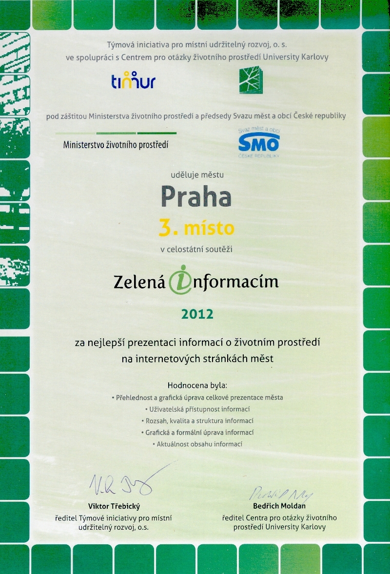 Webové stránky Hl. m. Prahy o životním prostředí se umístily v soutěži Zelená informacím 2012 na 3. místě
