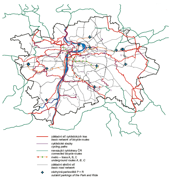 Obr. Základní síť cyklistických tras v Praze a navazující cyklotrasy ČR, 2005 