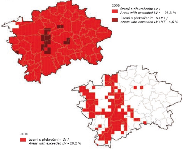 Obr. Vyznačení OZKO vzhledem k imisním limitům pro ochranu zdraví, Praha, 2006 a 2010