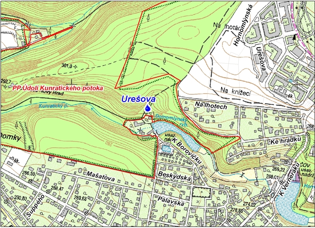 Urešova studánka, orientační mapa okolí