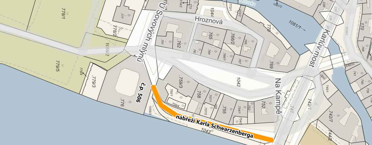 Mapa s vyznačením nově pojmenovaného úseku nábřeží