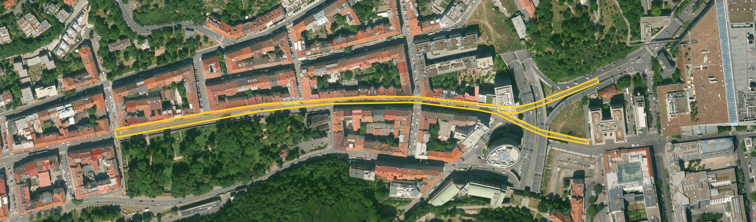 Plzeňská ulice - vyznačení rekonstruovaného úseku