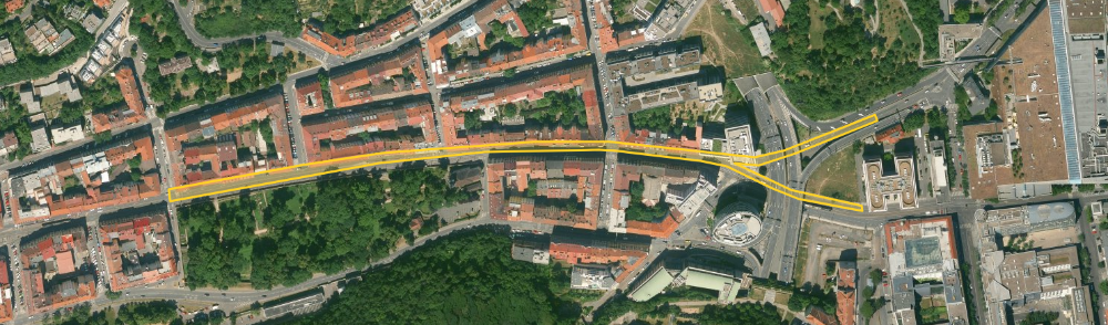 Plzeňská ulice - vyznačení rekonstruovaného úseku